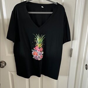 Source Unknown Women’s Black V-Neck Short Sleeve Tee with Pineapple Design, 1XL